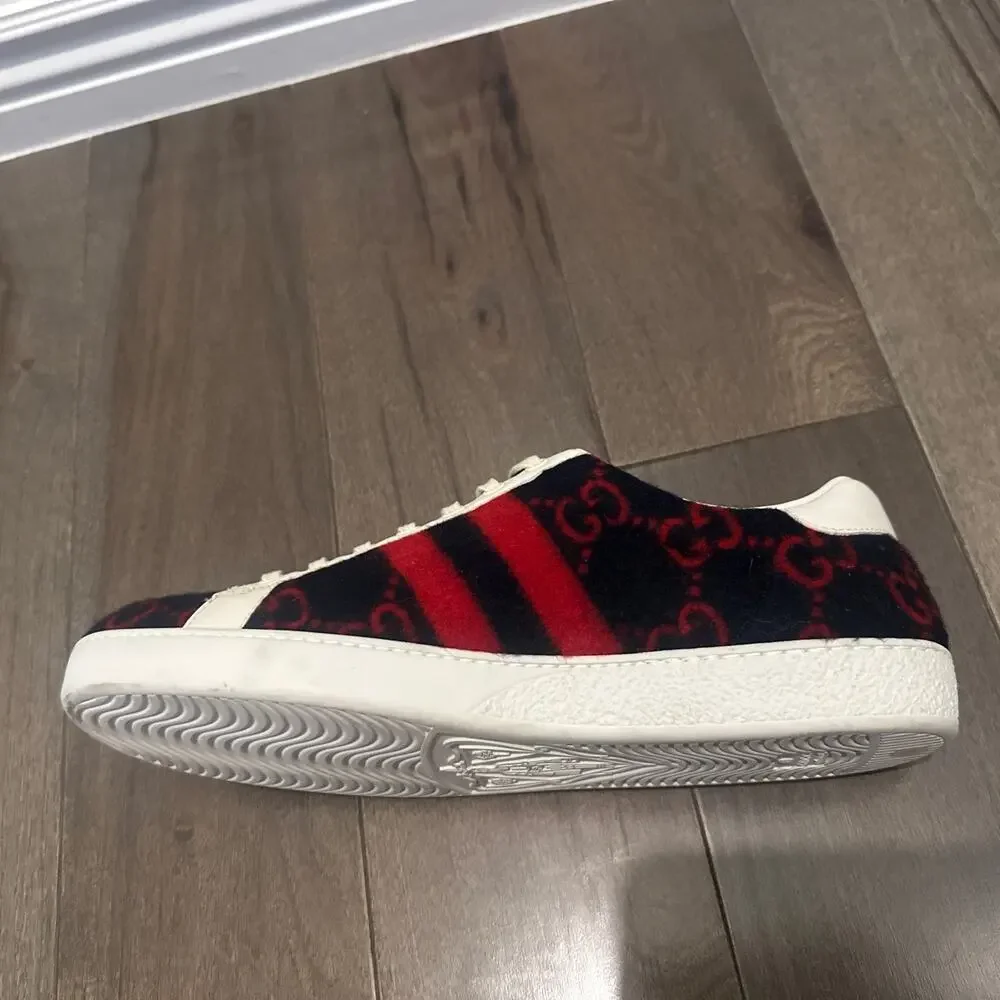 AUTHENTIC GUCCI WOOL ACE GG BLUE RED SNEAKERS 548495 GG 9.5 (fits USA 10.5)